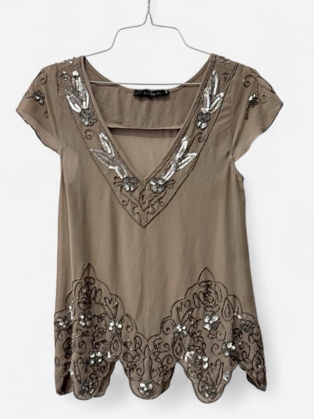 Whimsy earthy embellished beaded fairy core 2000s sheer cap-sleeve blouse